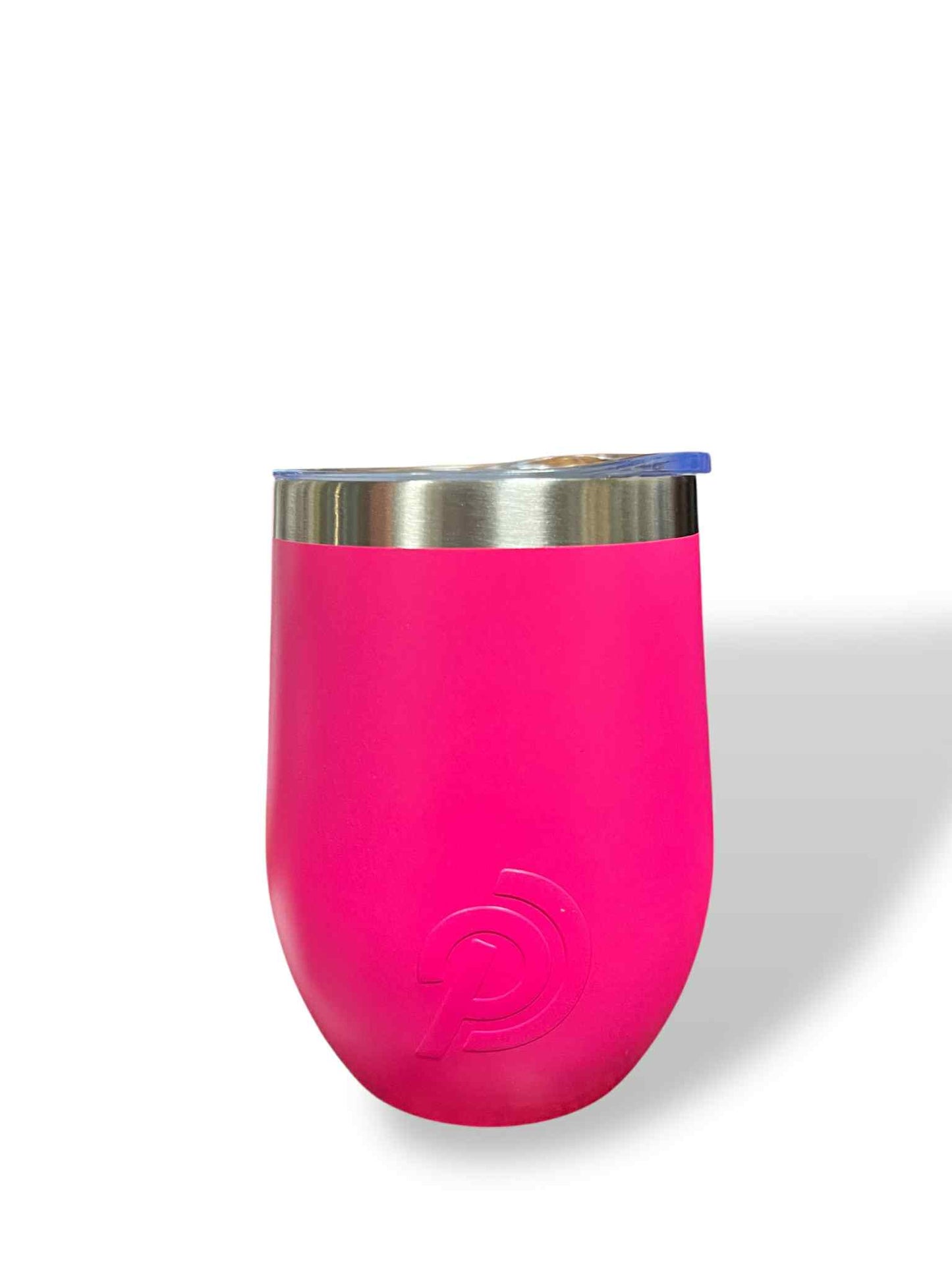 Pink tumbler with a silver lid on a white background