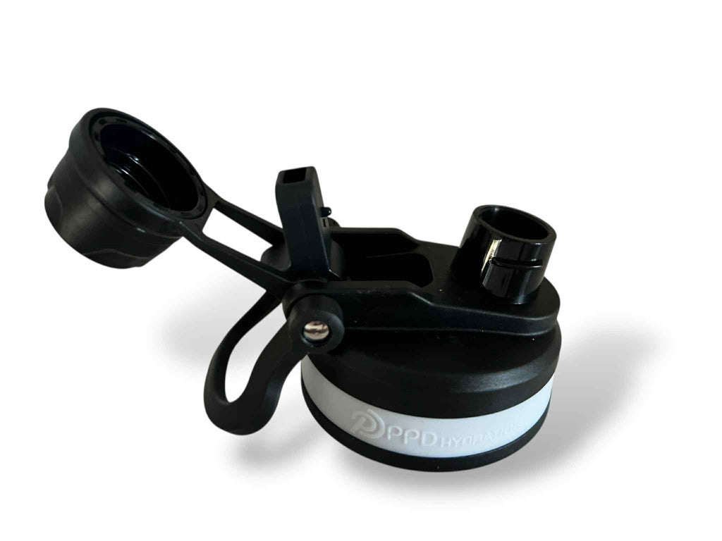 Black and white camera lens with a strap on a white background