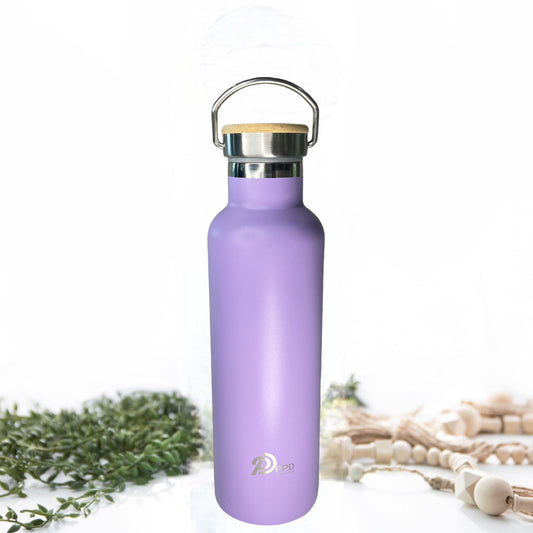 A purple stainless steel insulated water bottle with a bamboo lid, handle at top, and displaying the brand PPD on the front. The bottle is shown against a neutral background with a plant and decorative elements to the side.