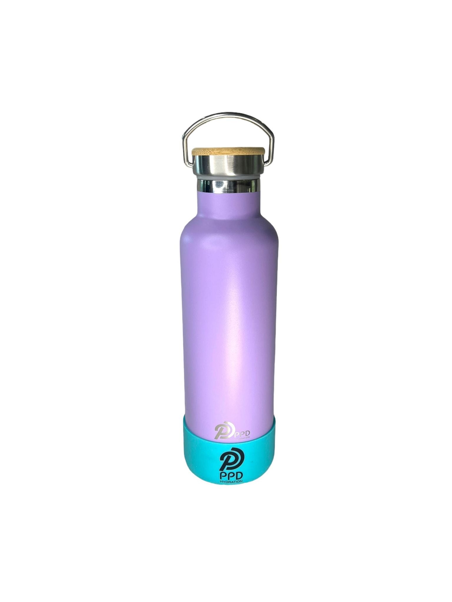 A purple stainless steel insulated water bottle with a bamboo lid, handle at top, and displaying the brand PPD on the front. The bottle is shown against a neutral background with a plant and decorative elements to the side.