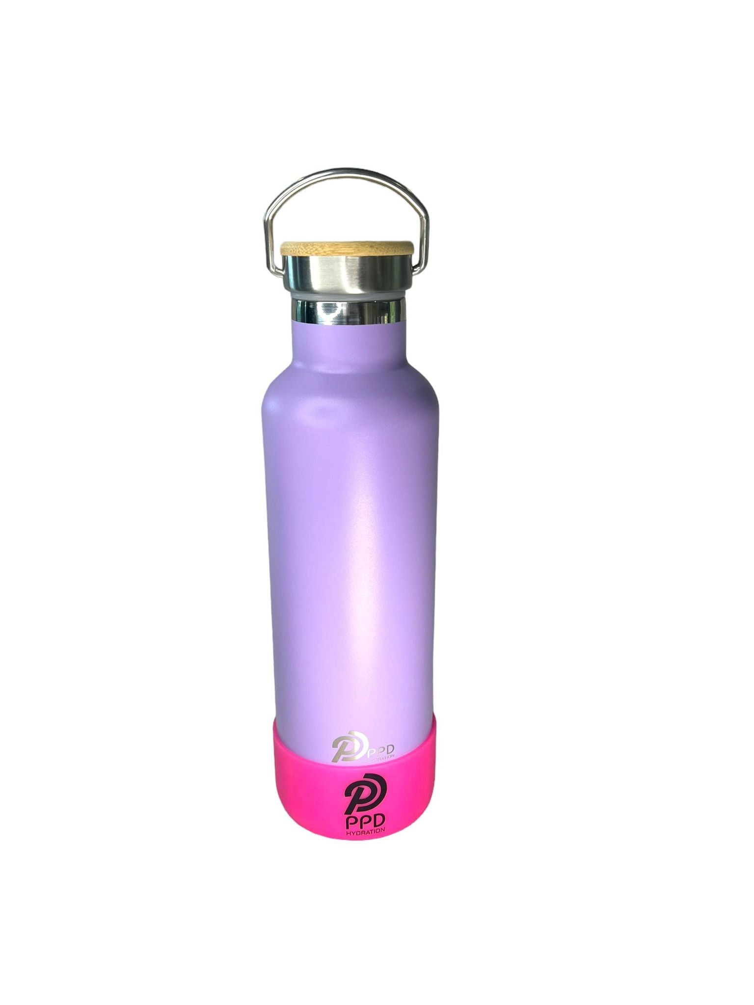 A purple stainless steel insulated water bottle with a bamboo lid, handle at top, and displaying the brand PPD on the front. The bottle is shown against a neutral background with a plant and decorative elements to the side.
