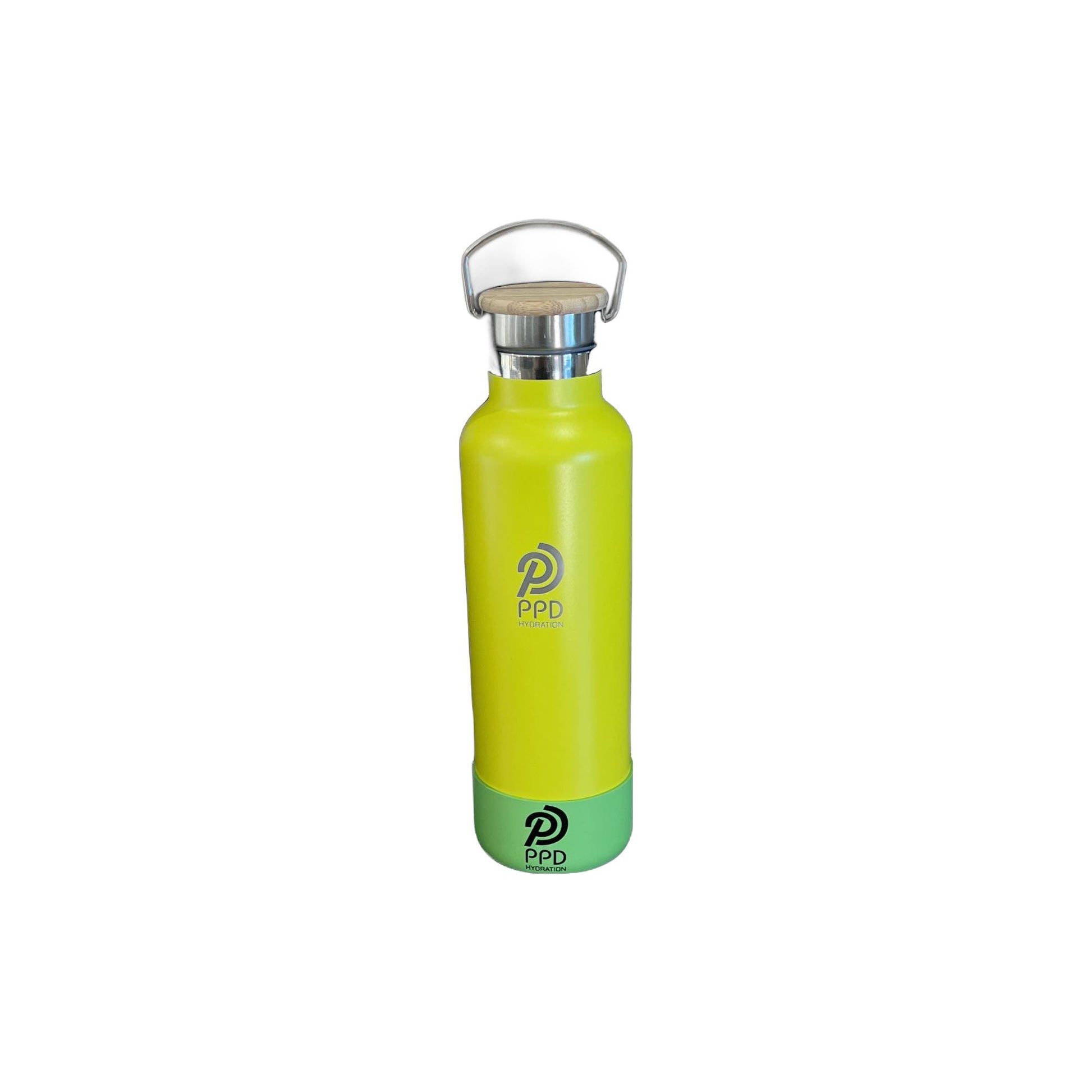 A yellow stainless steel insulated water bottle with a bamboo lid, handle at top with a straw, and logo on the front.