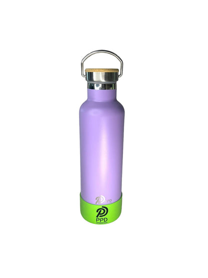 A purple stainless steel insulated water bottle with a bamboo lid, handle at top, and displaying the brand PPD on the front. The bottle is shown against a neutral background with a plant and decorative elements to the side.