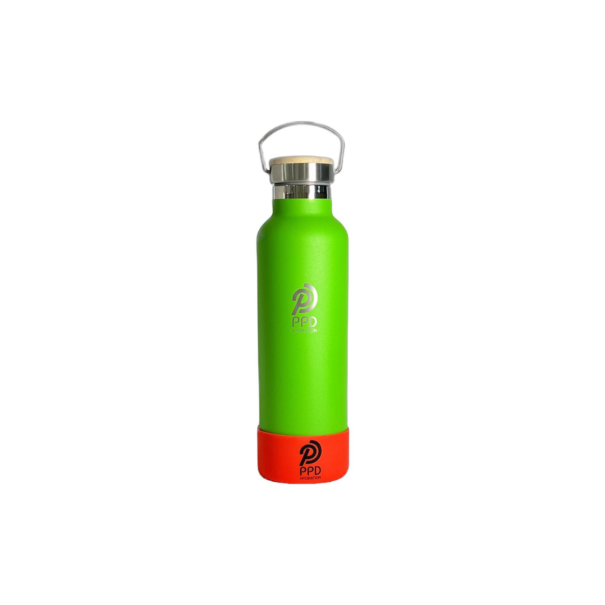 A green stainless steel insulated water bottle with a bamboo lid, handle at top for carrying, and logo printed on the front.