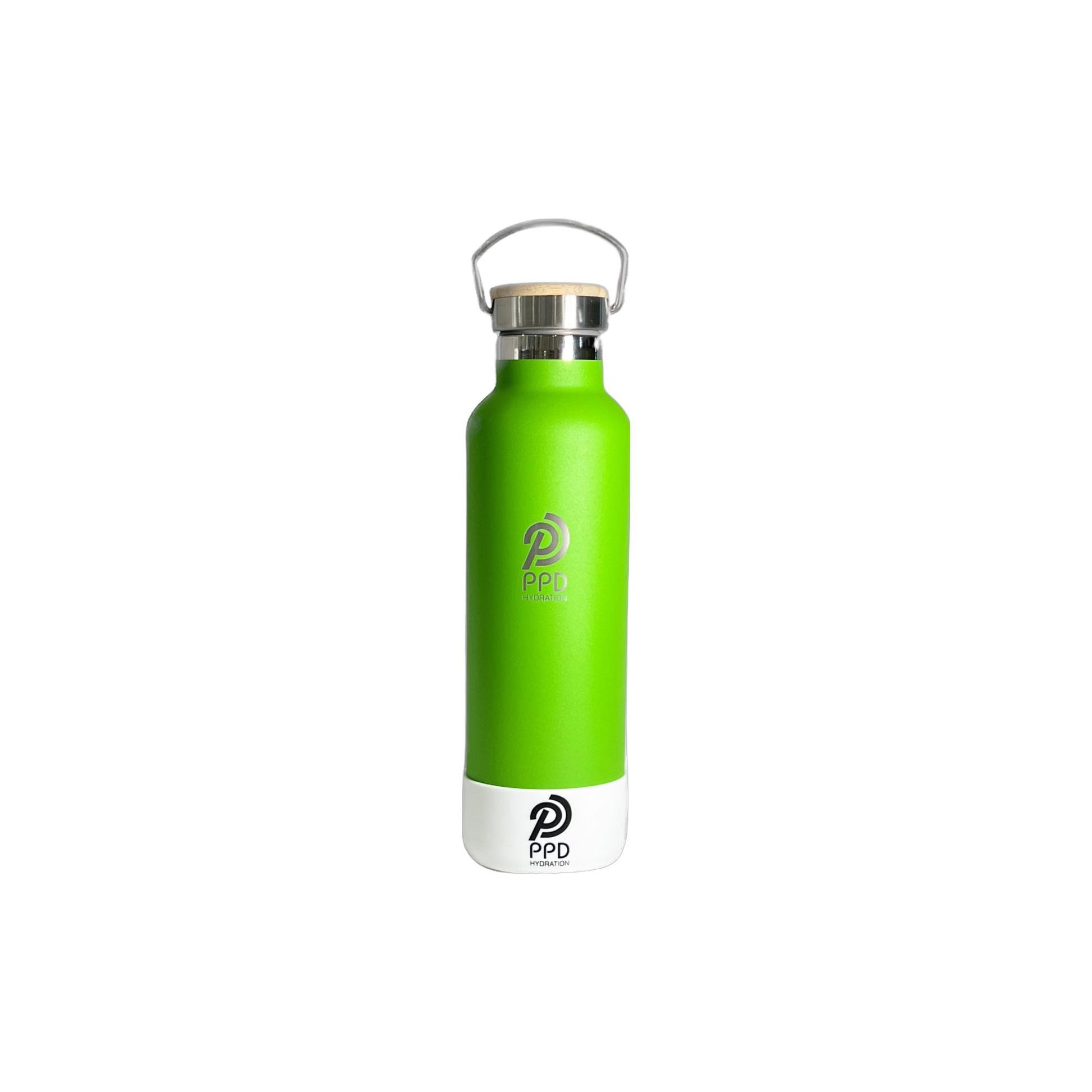 A green stainless steel insulated water bottle with a bamboo lid, handle at top for carrying, and logo printed on the front.