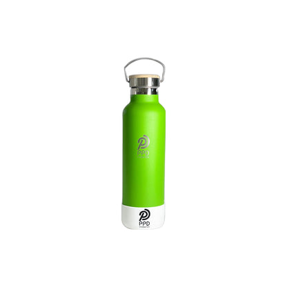 A green stainless steel insulated water bottle with a bamboo lid, handle at top for carrying, and logo printed on the front.