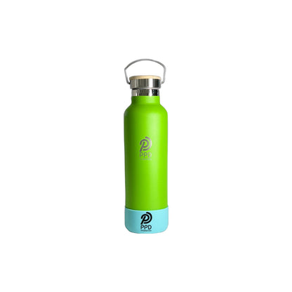 A green stainless steel insulated water bottle with a bamboo lid, handle at top for carrying, and logo printed on the front.