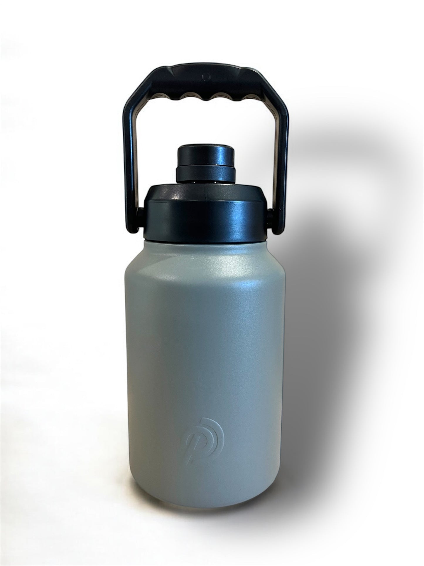 Gray water bottle with black handle on a white background