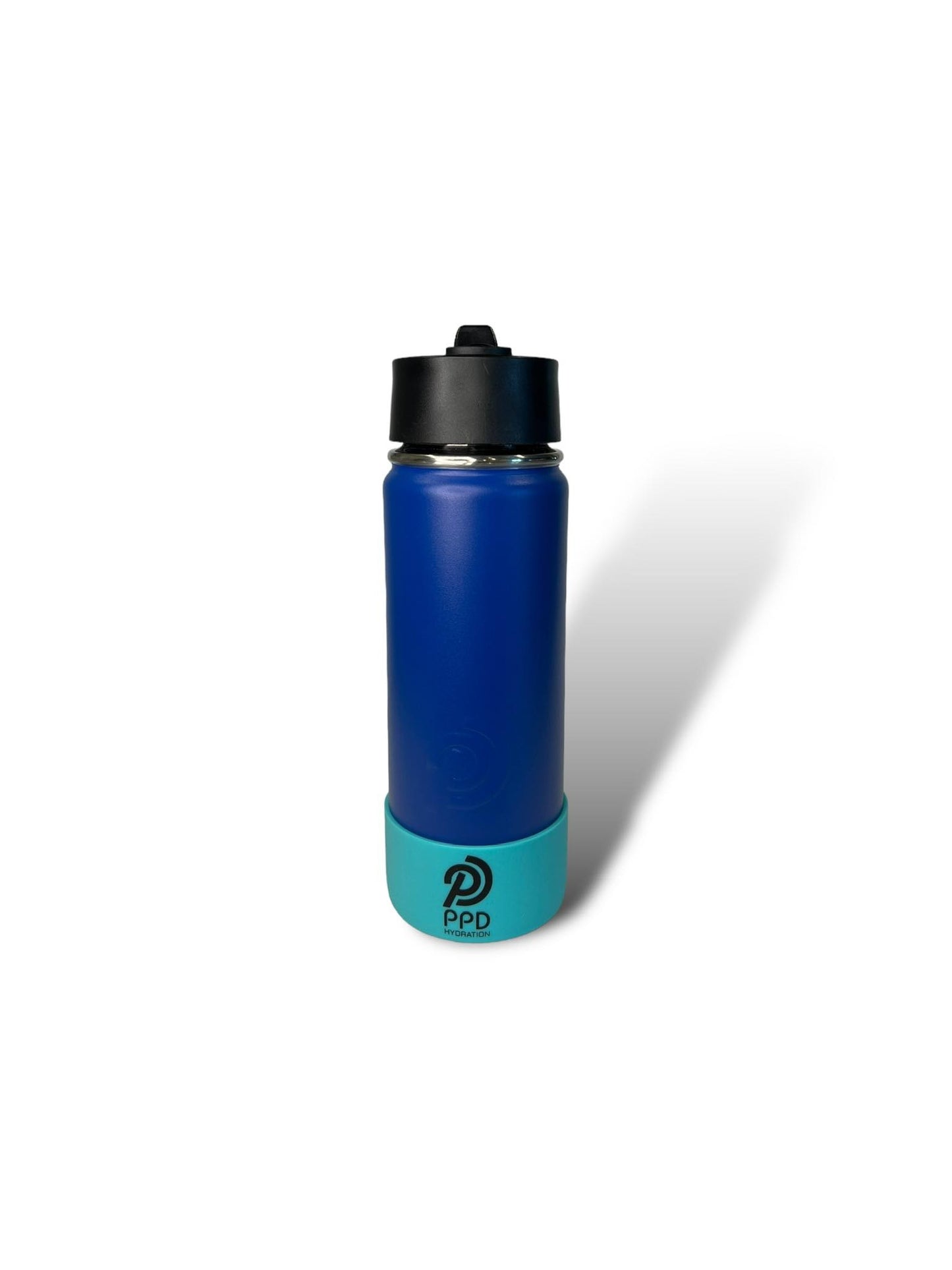 A blue stainless steel insulated water bottle with a black sports lid and straw.