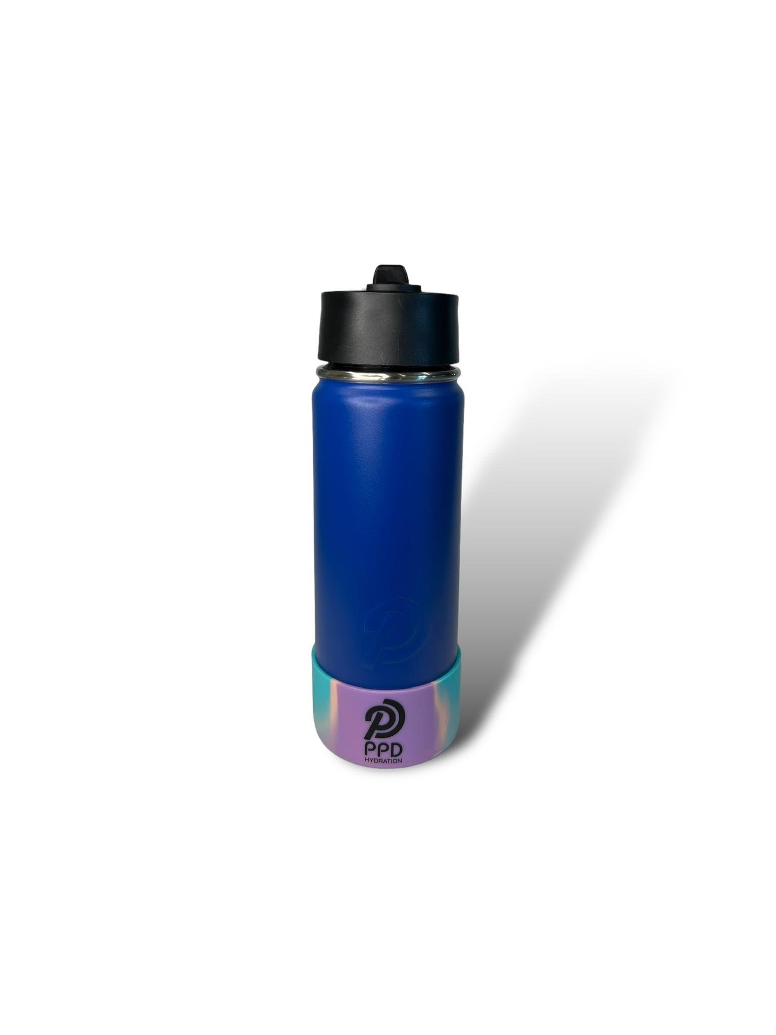 A blue stainless steel insulated water bottle with a black sports lid and straw.