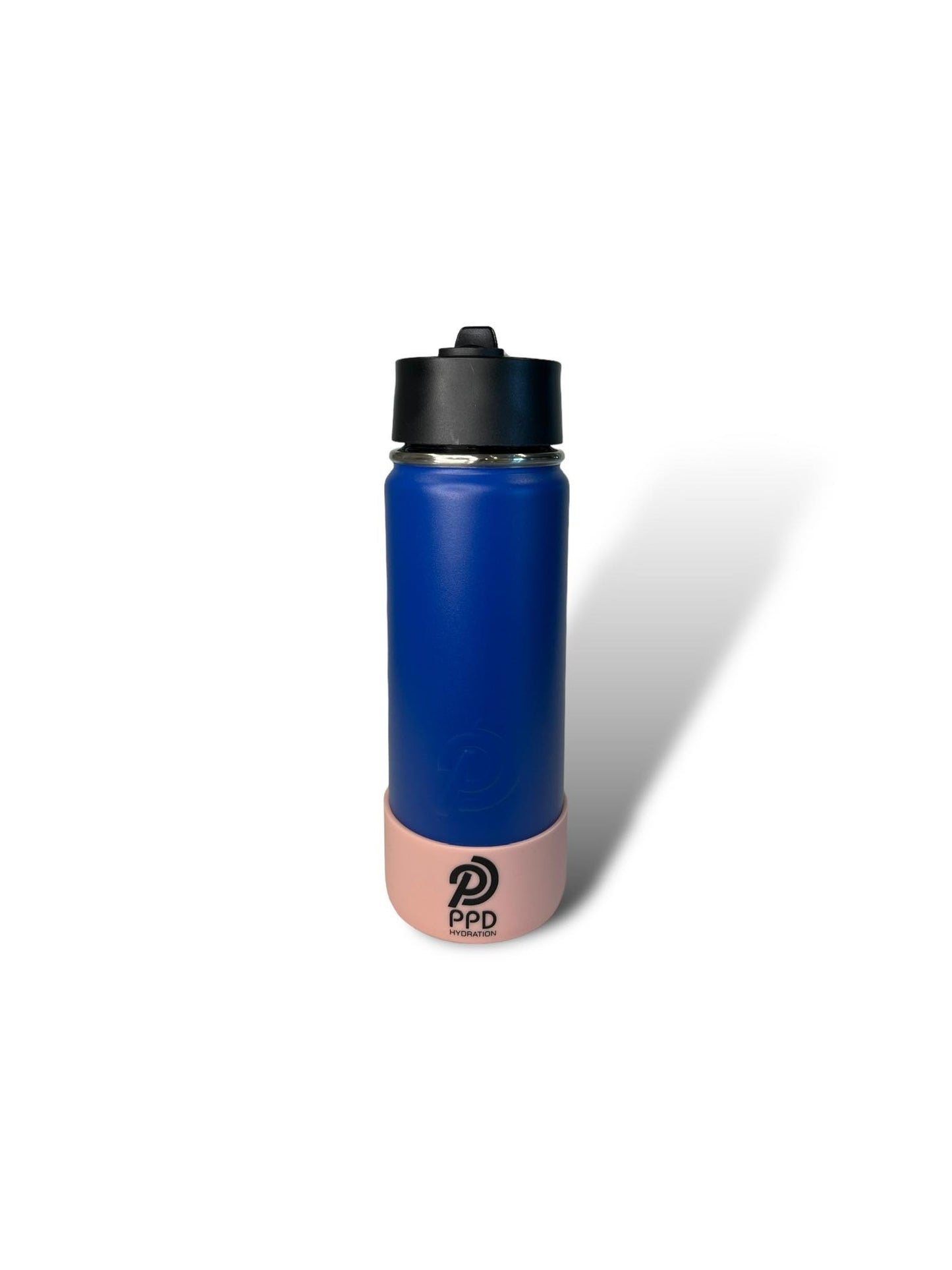 A blue stainless steel insulated water bottle with a black sports lid and straw.