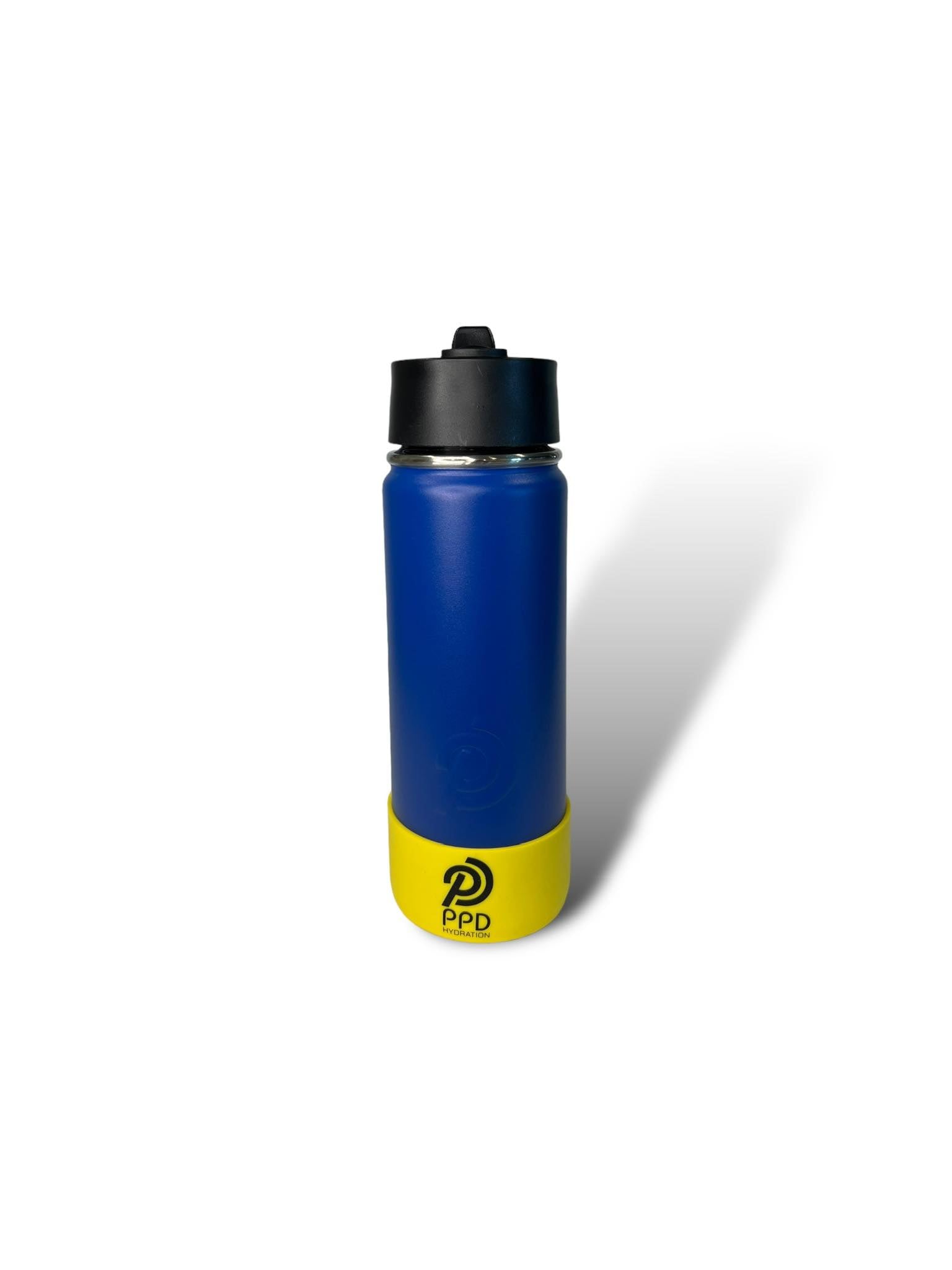 A blue stainless steel insulated water bottle with a black sports lid and straw.