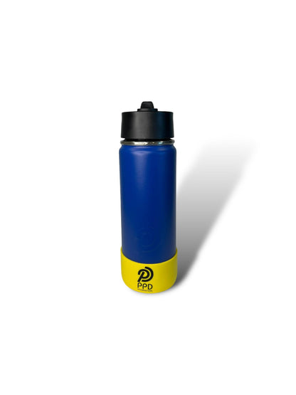 A blue stainless steel insulated water bottle with a black sports lid and straw.