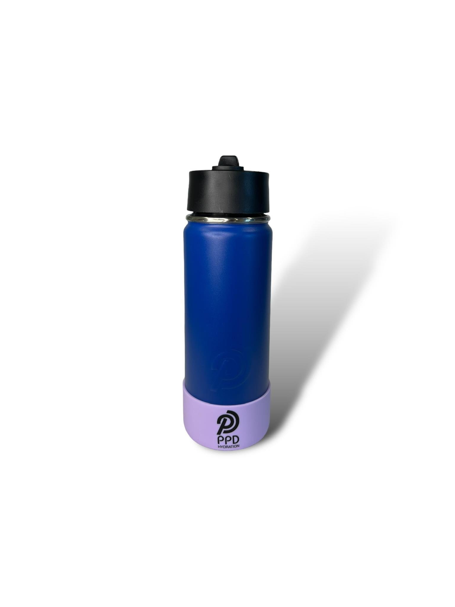 A blue stainless steel insulated water bottle with a black sports lid and straw.