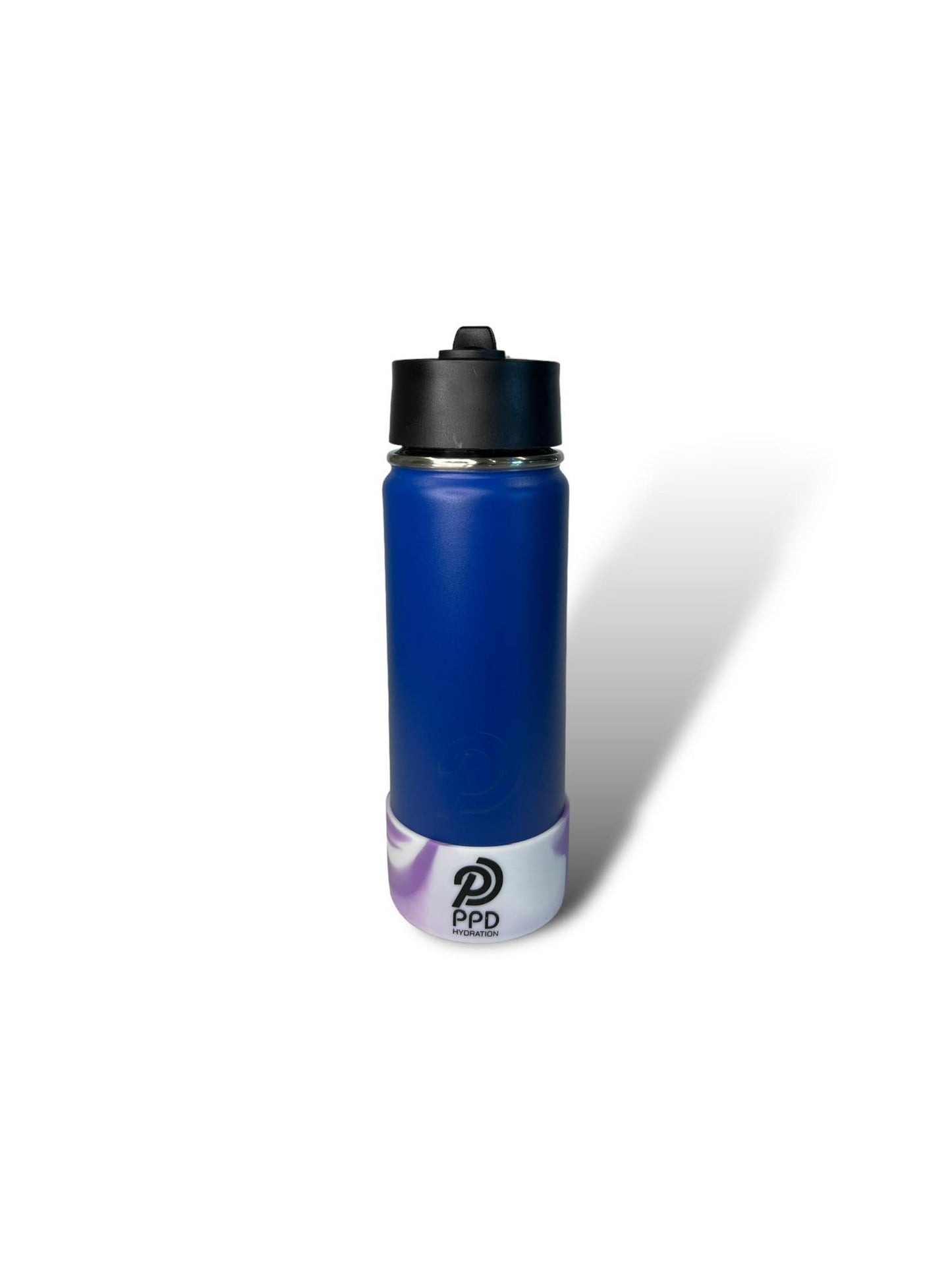 A blue stainless steel insulated water bottle with a black sports lid and straw.