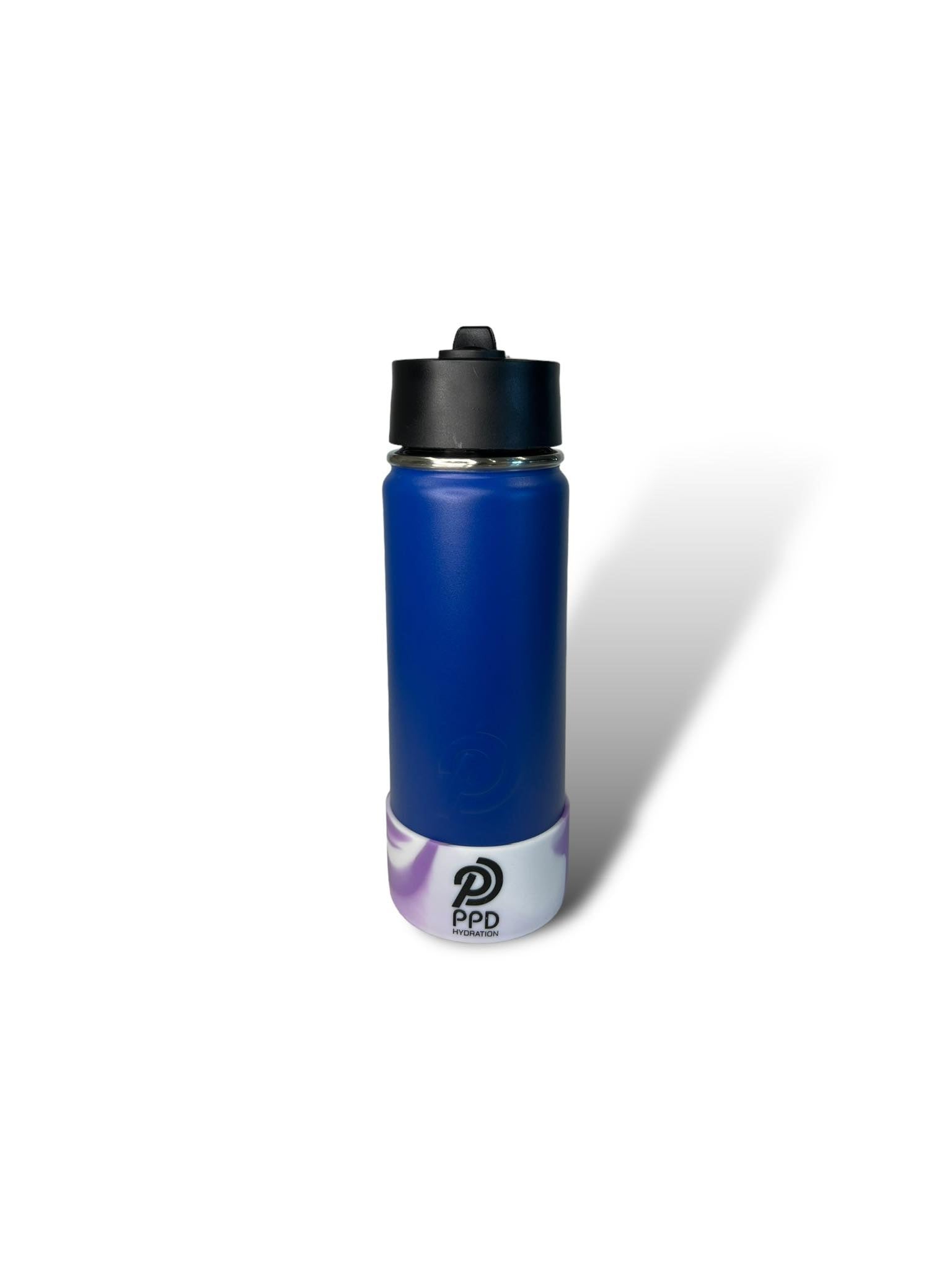 A blue stainless steel insulated water bottle with a black sports lid and straw.