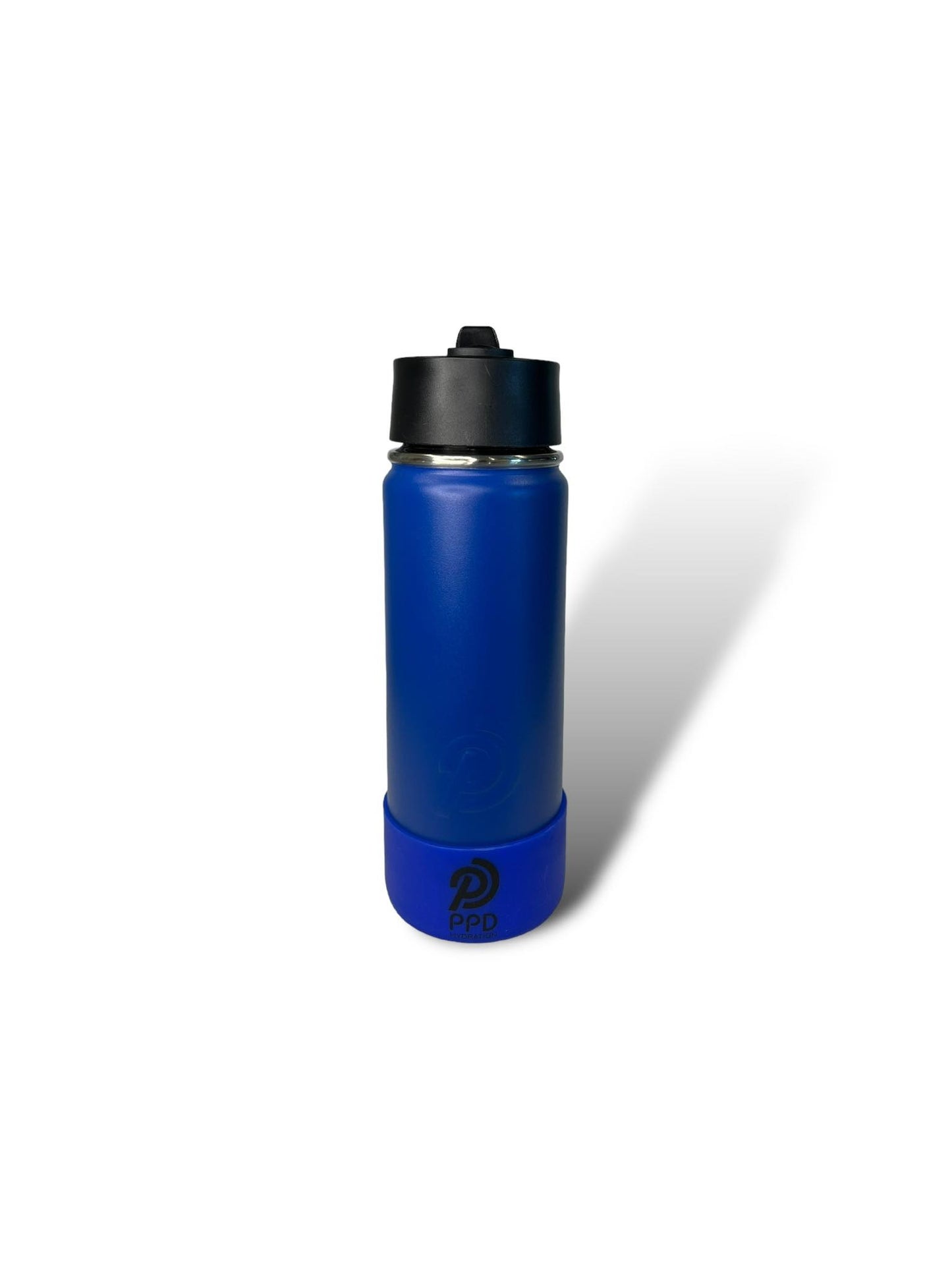 A blue stainless steel insulated water bottle with a black sports lid and straw.