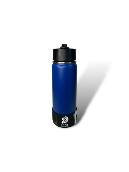 A blue stainless steel insulated water bottle with a black sports lid and straw.