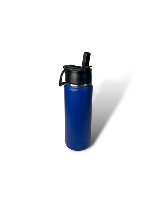 A blue stainless steel insulated water bottle with a black sports lid and straw.