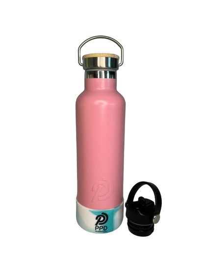 750ml 24oz light pink stainless steel insulated water bottle with black and white bumper