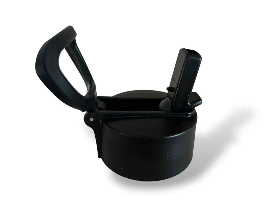 Black plastic container with a lid and handle on a white background