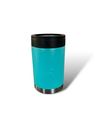 A blue commemorative stainless steel can cooler with a double-walled design.