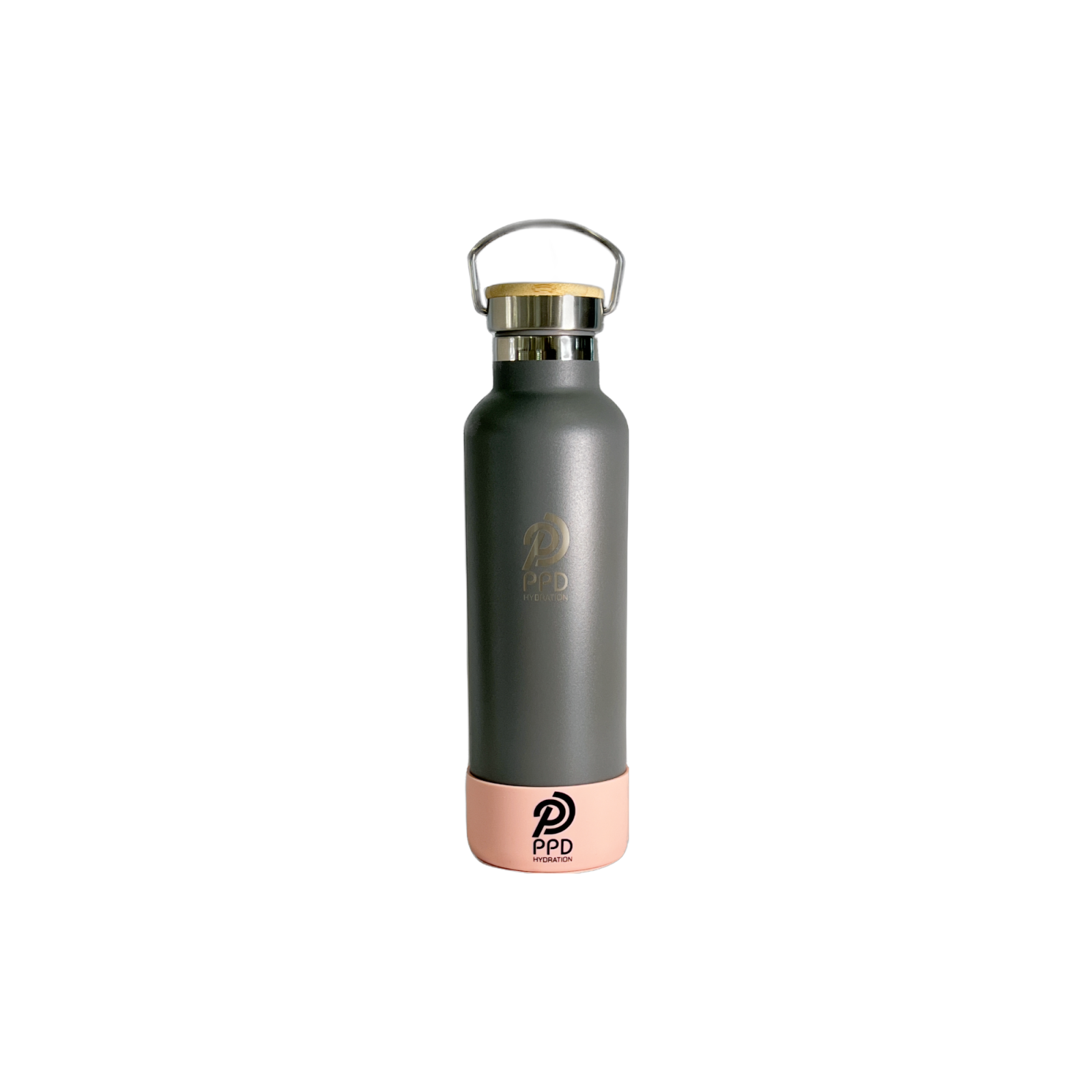 A gray stainless steel insulated water bottle with a bamboo lid, handle at top, and logo on the front. It is displayed with a white background and has a capacity of 750ml (25 oz).