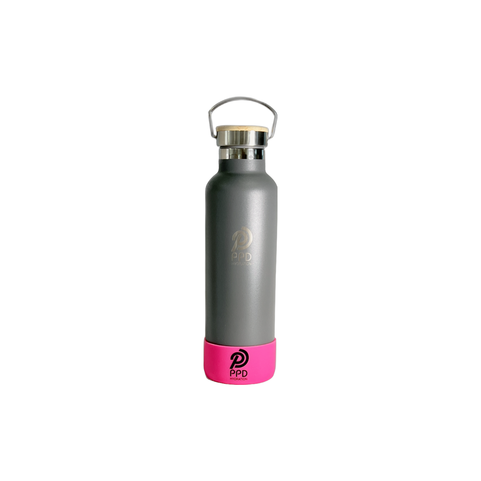 A gray stainless steel insulated water bottle with a bamboo lid, handle at top, and logo on the front. It is displayed with a white background and has a capacity of 750ml (25 oz).