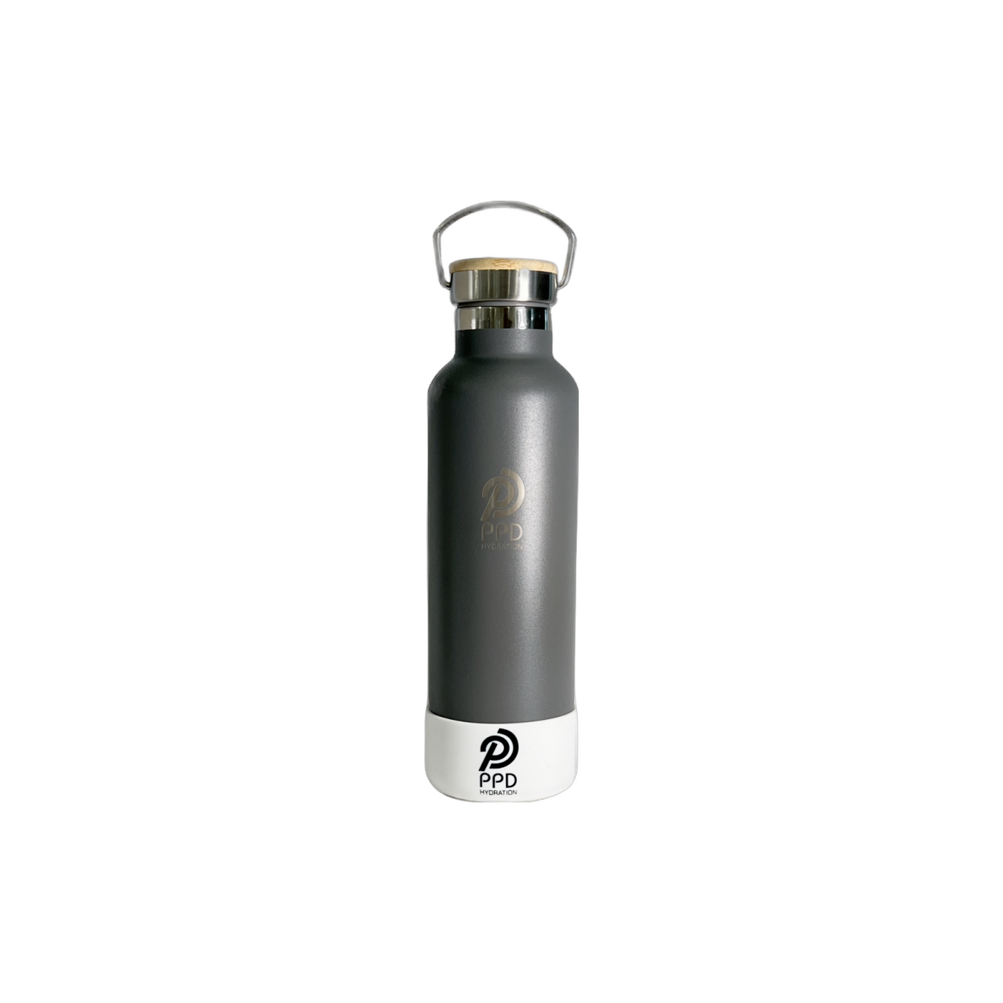 A gray stainless steel insulated water bottle with a bamboo lid, handle at top, and logo on the front. It is displayed with a white background and has a capacity of 750ml (25 oz).