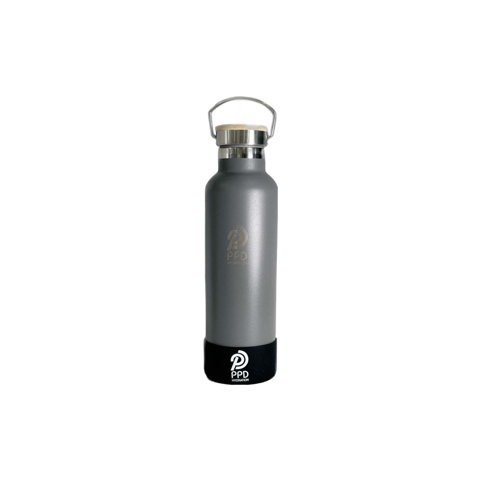 A gray stainless steel insulated water bottle with a bamboo lid, handle at top, and logo on the front. It is displayed with a white background and has a capacity of 750ml (25 oz).