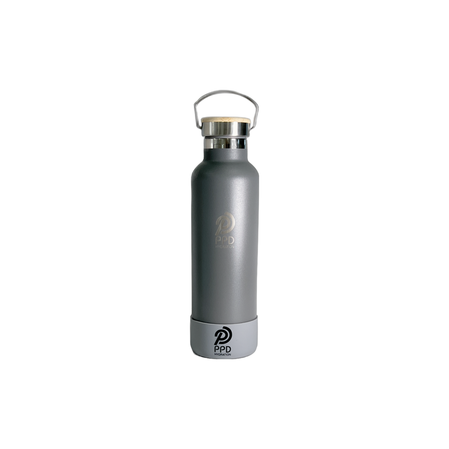 A gray stainless steel insulated water bottle with a bamboo lid, handle at top, and logo on the front. It is displayed with a white background and has a capacity of 750ml (25 oz).