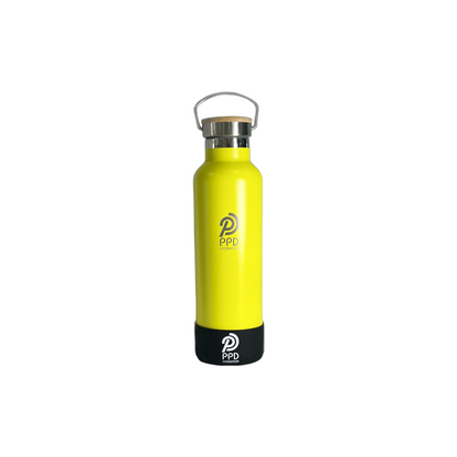 A yellow stainless steel insulated water bottle with a bamboo lid, handle at top with a straw, and logo on the front.