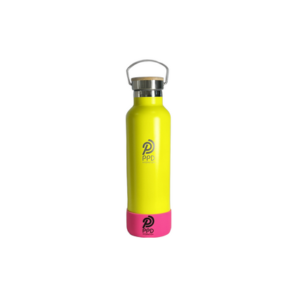 A yellow stainless steel insulated water bottle with a bamboo lid, handle at top with a straw, and logo on the front.