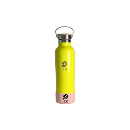 A yellow stainless steel insulated water bottle with a bamboo lid, handle at top with a straw, and logo on the front.