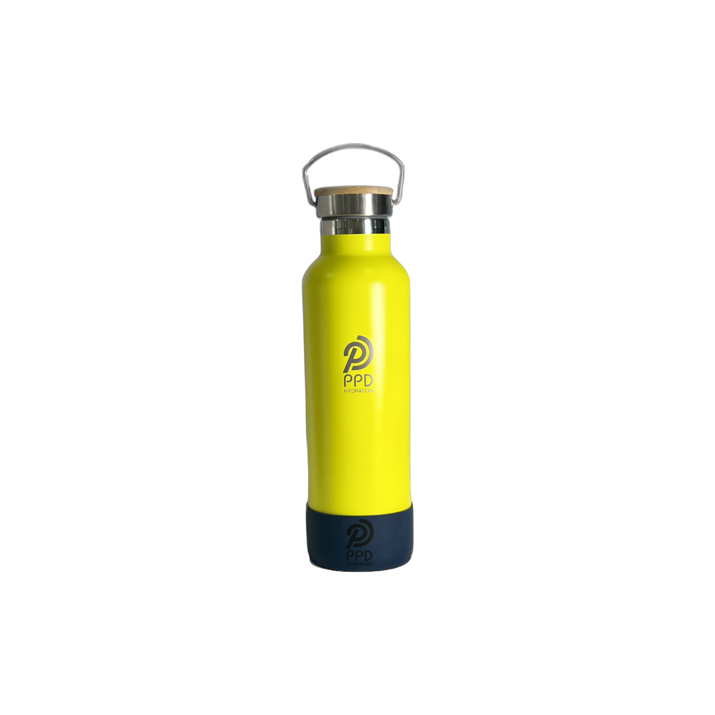 A yellow stainless steel insulated water bottle with a bamboo lid, handle at top with a straw, and logo on the front.