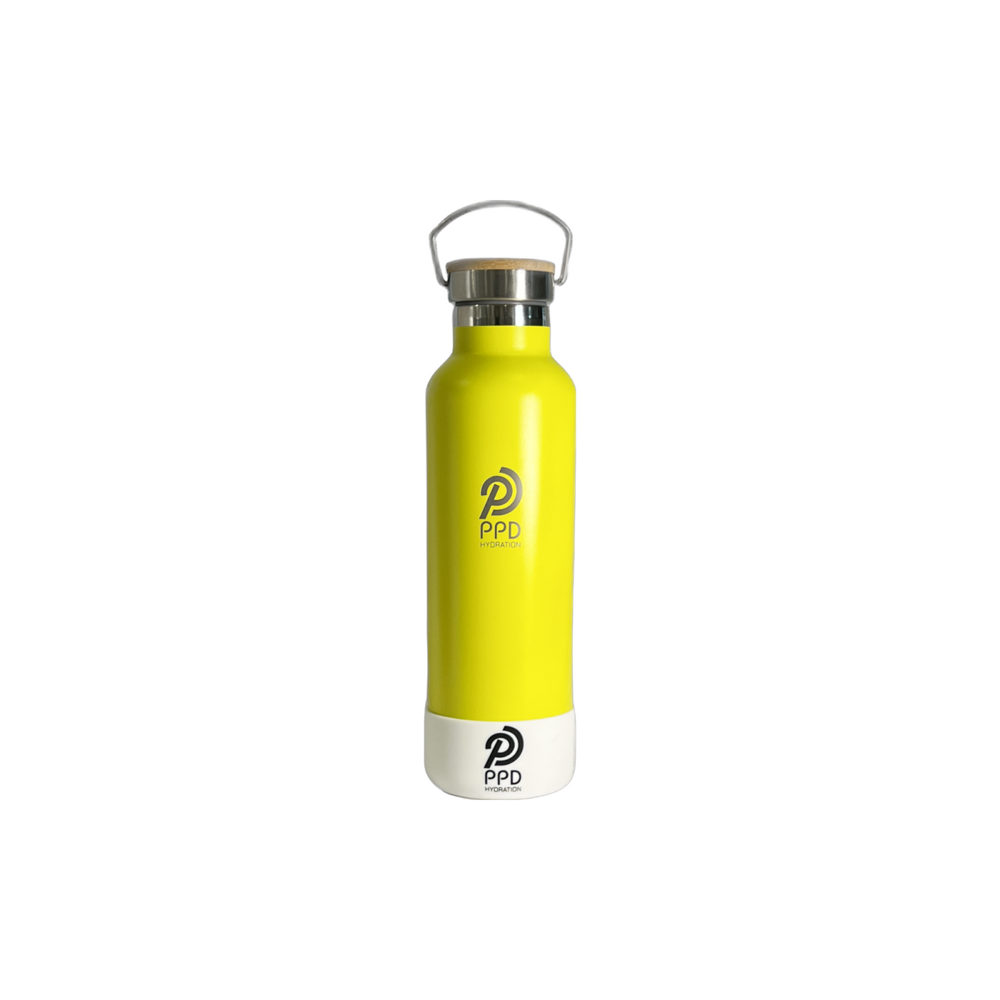 A yellow stainless steel insulated water bottle with a bamboo lid, handle at top with a straw, and logo on the front.