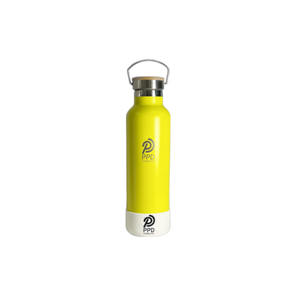 A yellow stainless steel insulated water bottle with a bamboo lid, handle at top with a straw, and logo on the front.