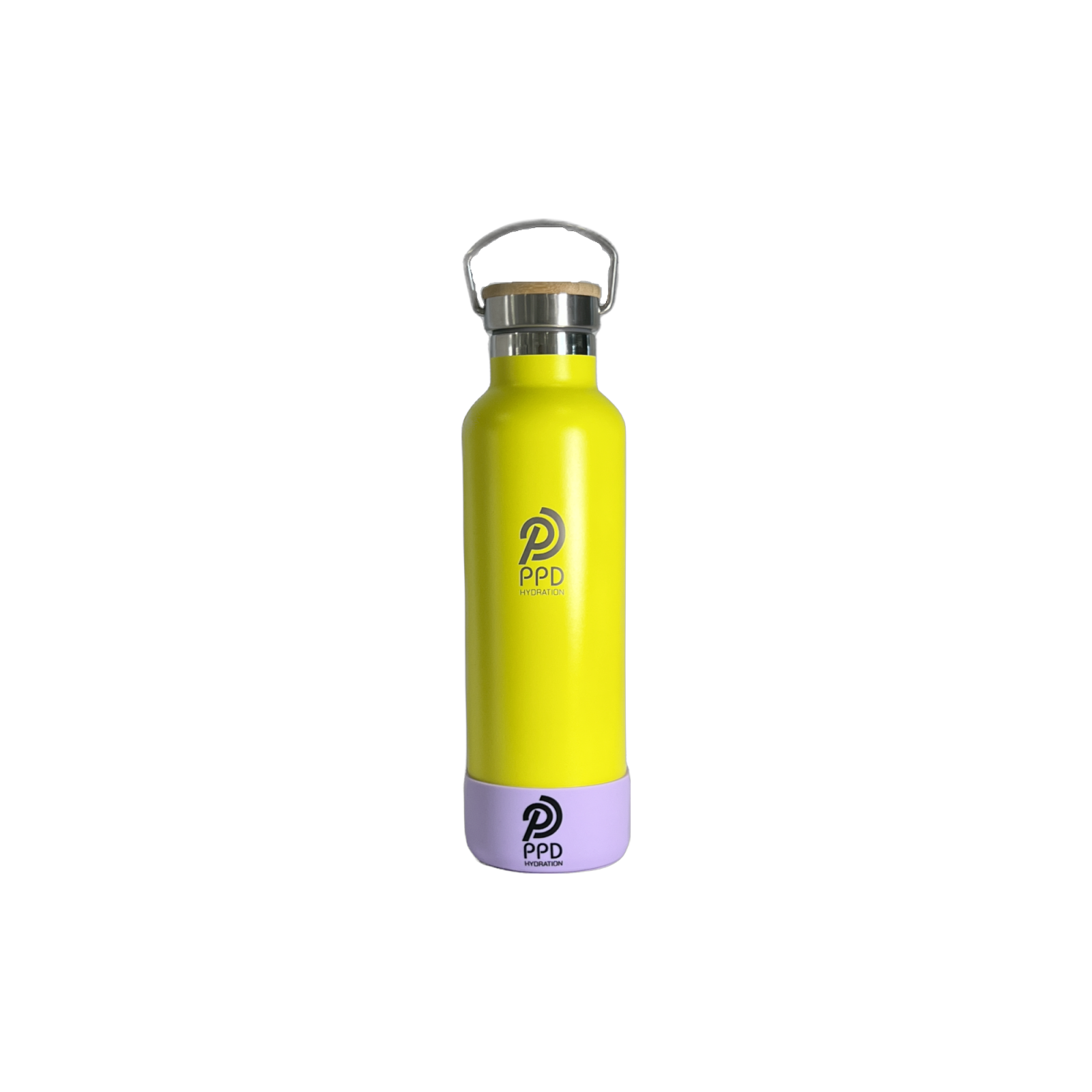 A yellow stainless steel insulated water bottle with a bamboo lid, handle at top with a straw, and logo on the front.