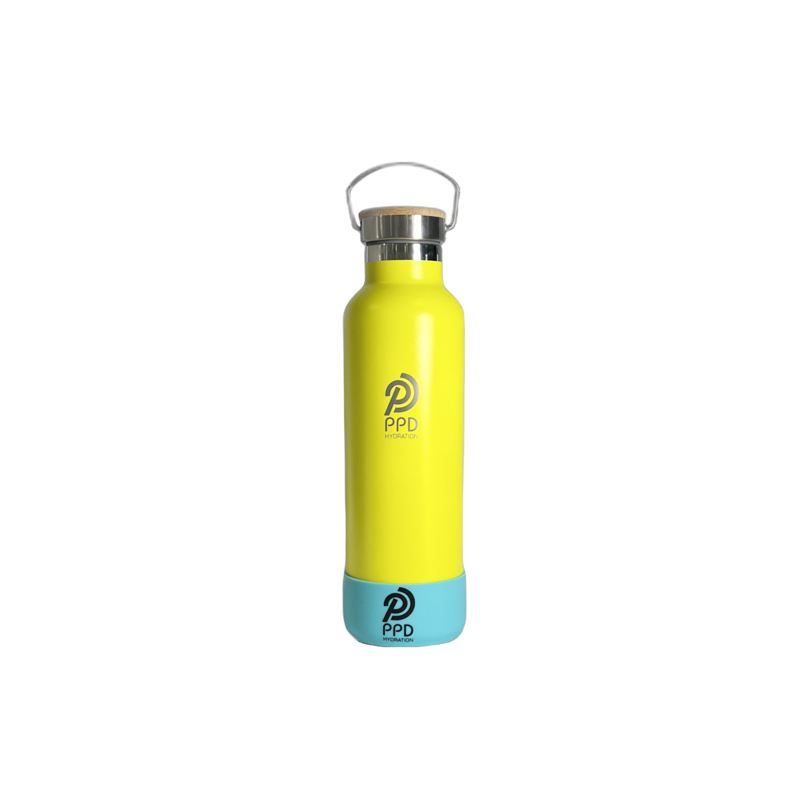 A yellow stainless steel insulated water bottle with a bamboo lid, handle at top with a straw, and logo on the front.