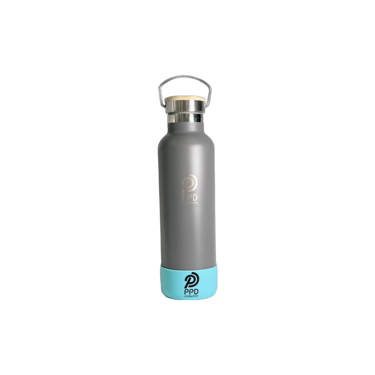 A gray stainless steel insulated water bottle with a bamboo lid, handle at top, and logo on the front. It is displayed with a white background and has a capacity of 750ml (25 oz).