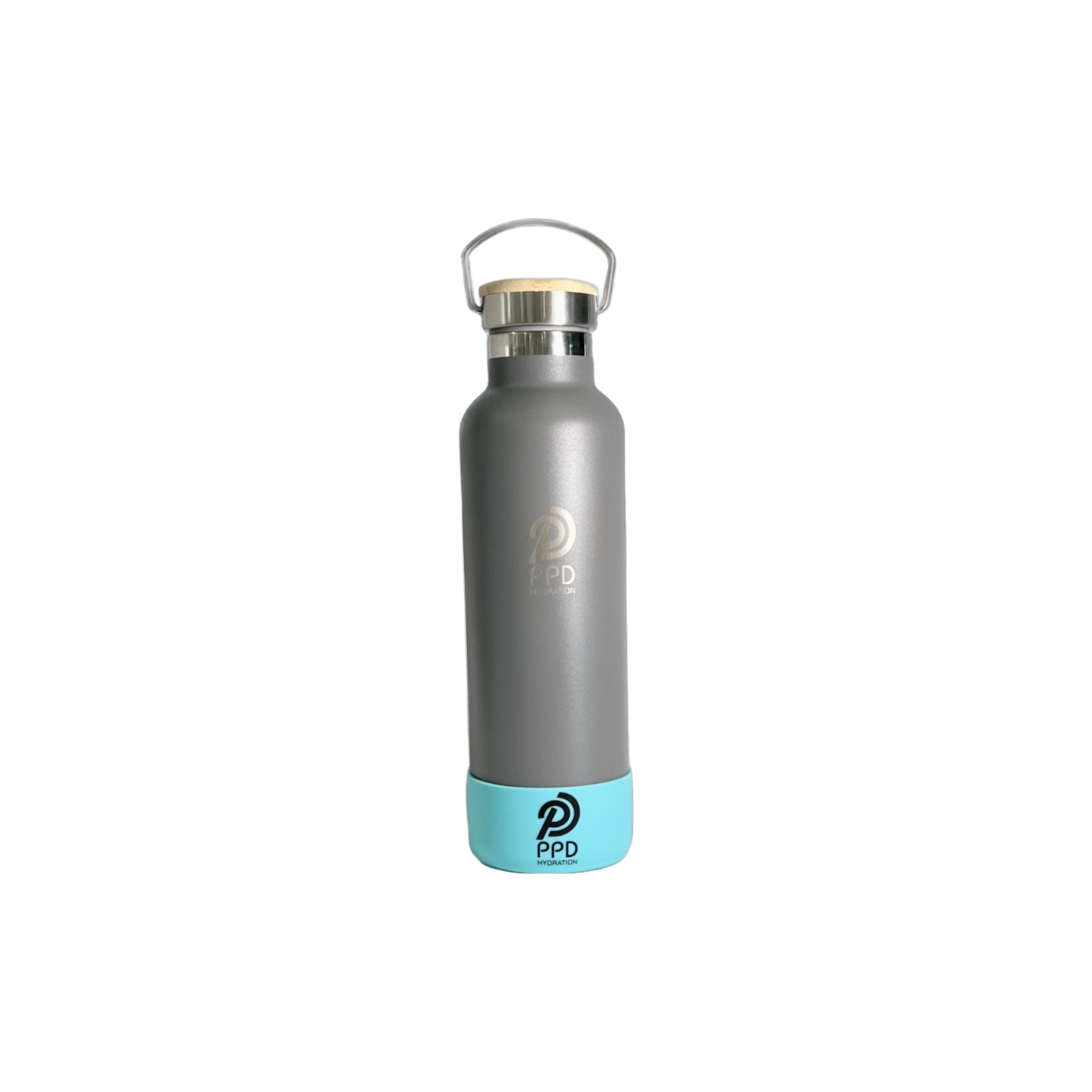 A gray stainless steel insulated water bottle with a bamboo lid, handle at top, and logo on the front. It is displayed with a white background and has a capacity of 750ml (25 oz).