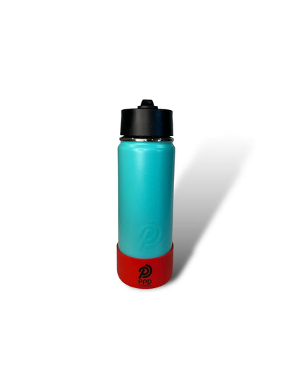 Teal 750ml 25oz stainless steel double insulated water bottle with red bumper and sports lid with straw engravable