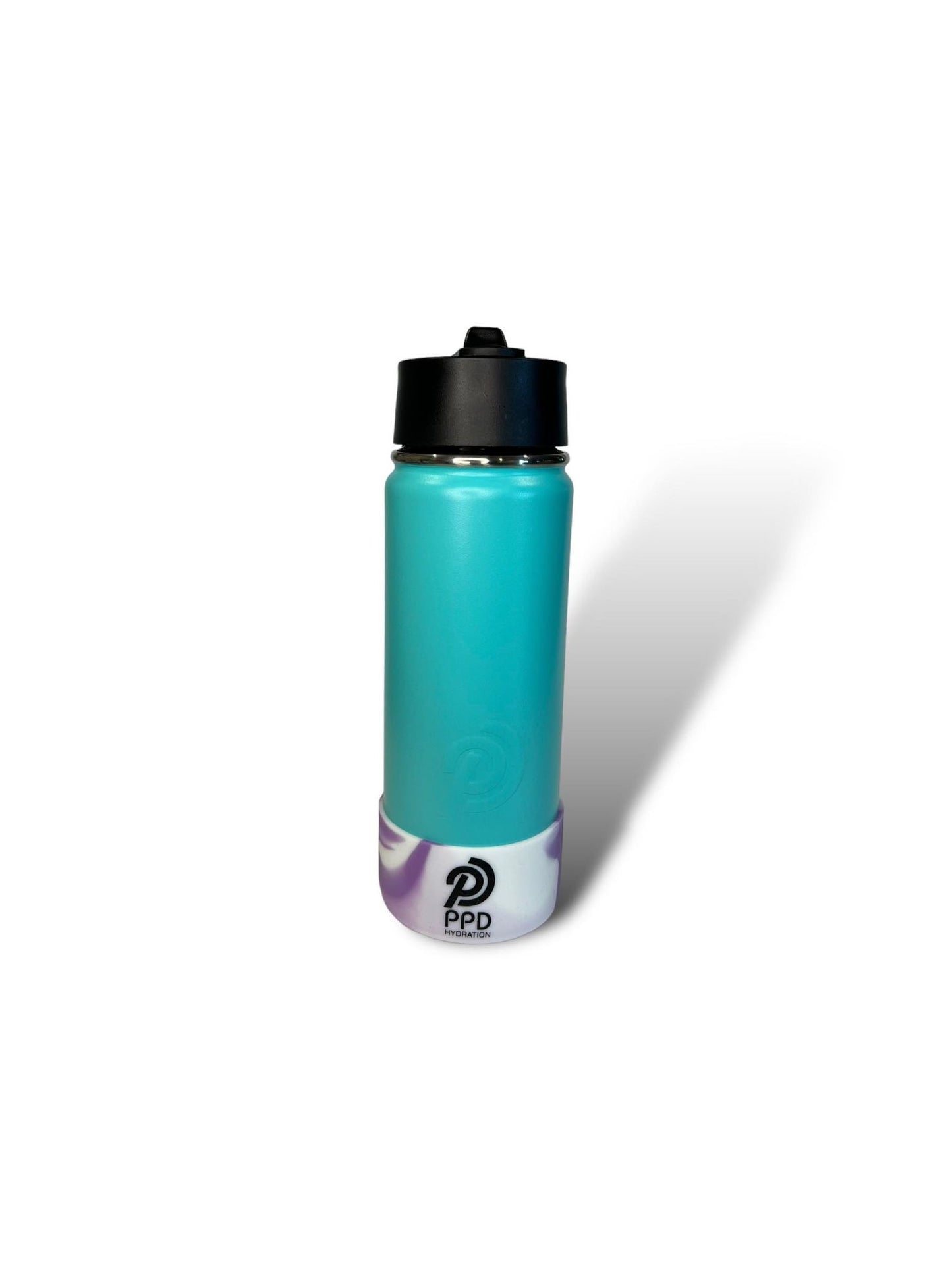 Teal 750ml 25oz stainless steel double insulated water bottle with white and purple bumper and sports lid with straw engravable