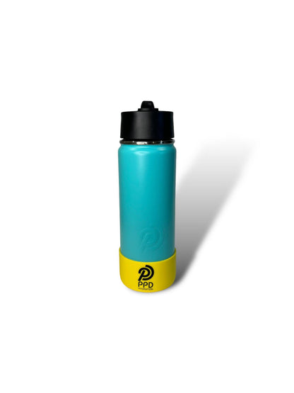 Teal 750ml 25oz stainless steel double insulated water bottle with yellow bumper and sports lid with straw engravable