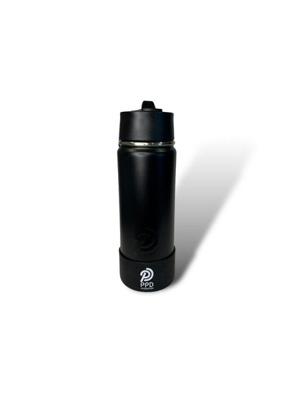 black 750ml 25oz stainless steel double insulated water bottle with black bumper and sports lid with long straw engravable