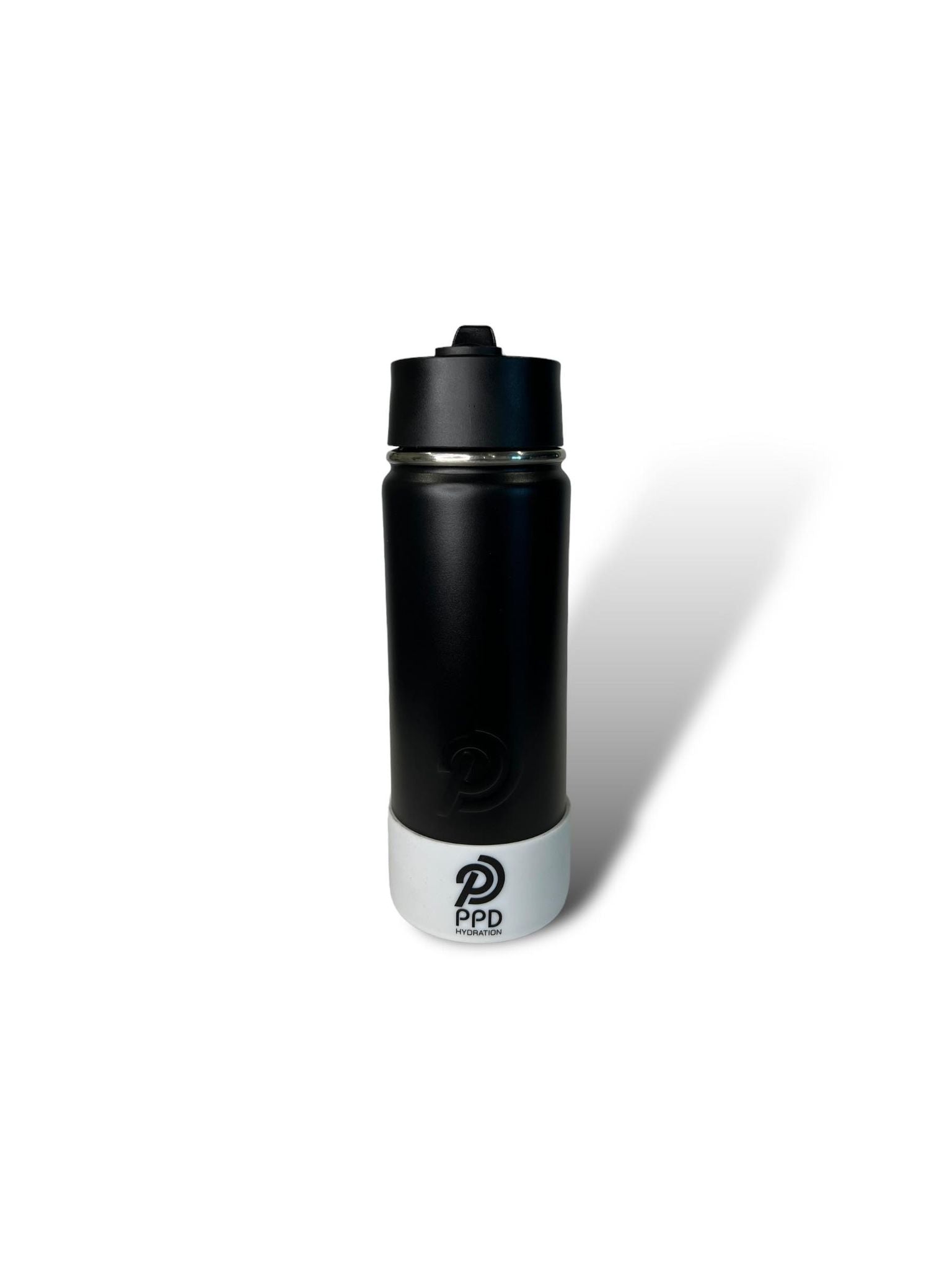 black 750ml 25oz stainless steel double insulated water bottle with white bumper and sports lid with long straw engravable