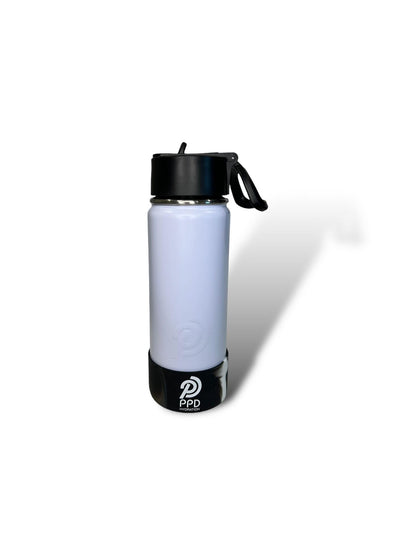 white with black and grey bumper 750ml 25oz stainless steel insulated water bottle with sports lid with straw 