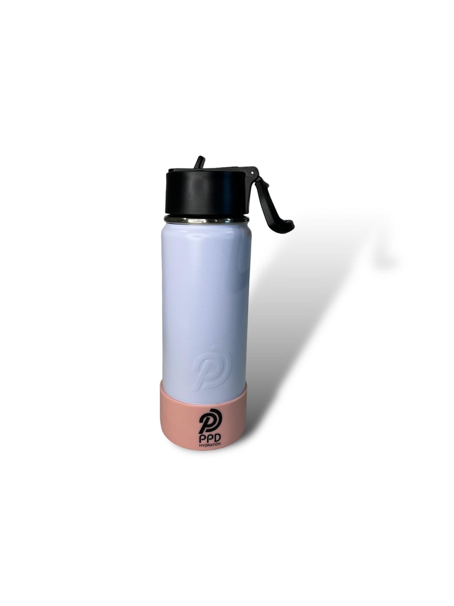 white with pale pink bumper 750ml 25oz stainless steel insulated water bottle with sports lid with straw 