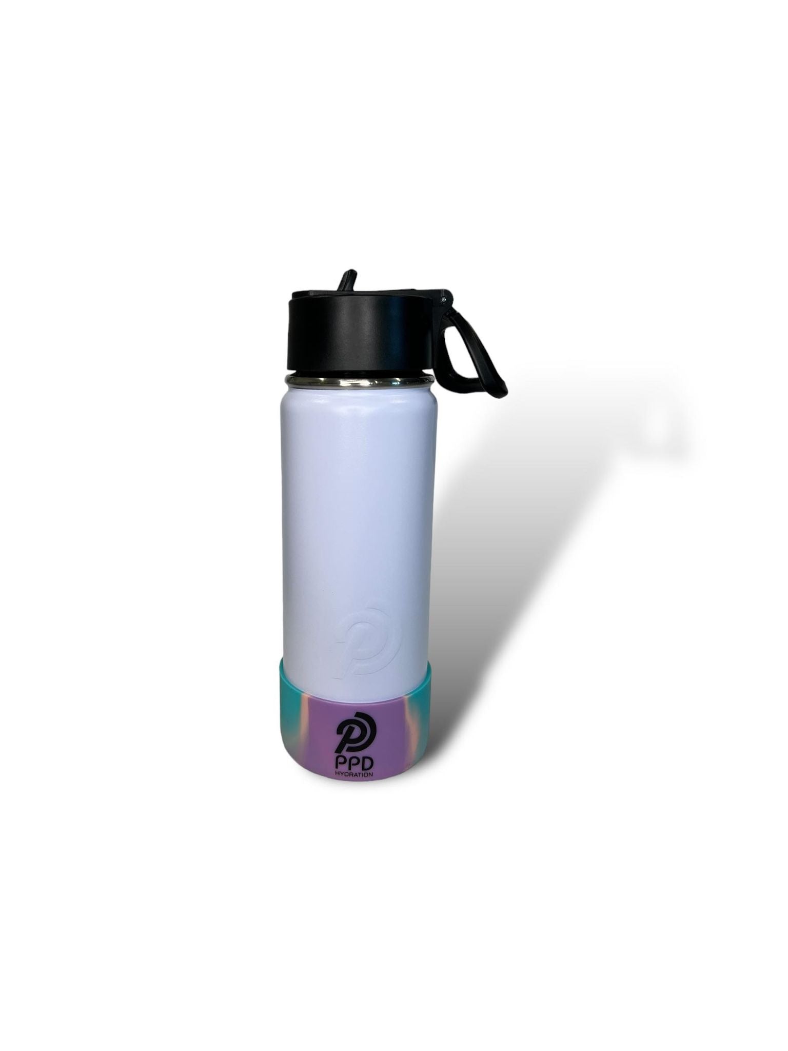 white with purple and teal bumper 750ml 25oz stainless steel insulated water bottle with sports lid with straw 
