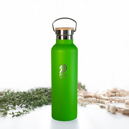 A green stainless steel insulated water bottle with a bamboo lid, handle at top for carrying, and logo printed on the front.